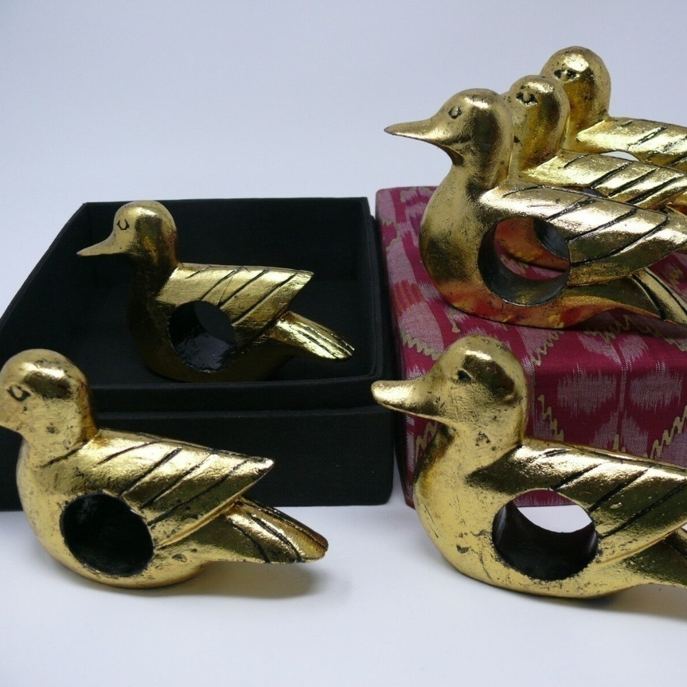 Napkin Rings Gold Ducks Carved Wood Boxed Set of Six Bali